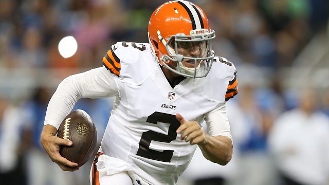 DETROIT, MI - AUGUST 09:  Johnny Manziel #2 of the Cleveland Browns runs for a 16 yard gain during the third quarter the preseason game against the Detroit Lions at Ford Field on August 9, 2014 in Detroit, Michigan. The Lions defeated the Browns 13-12 in a preseason game.  (Photo by Leon Halip/Getty Images)